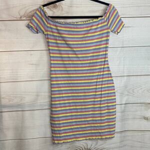 Shein Rainbow Colors Striped Off Shoulder Bodycon Mini Dress Size Medium